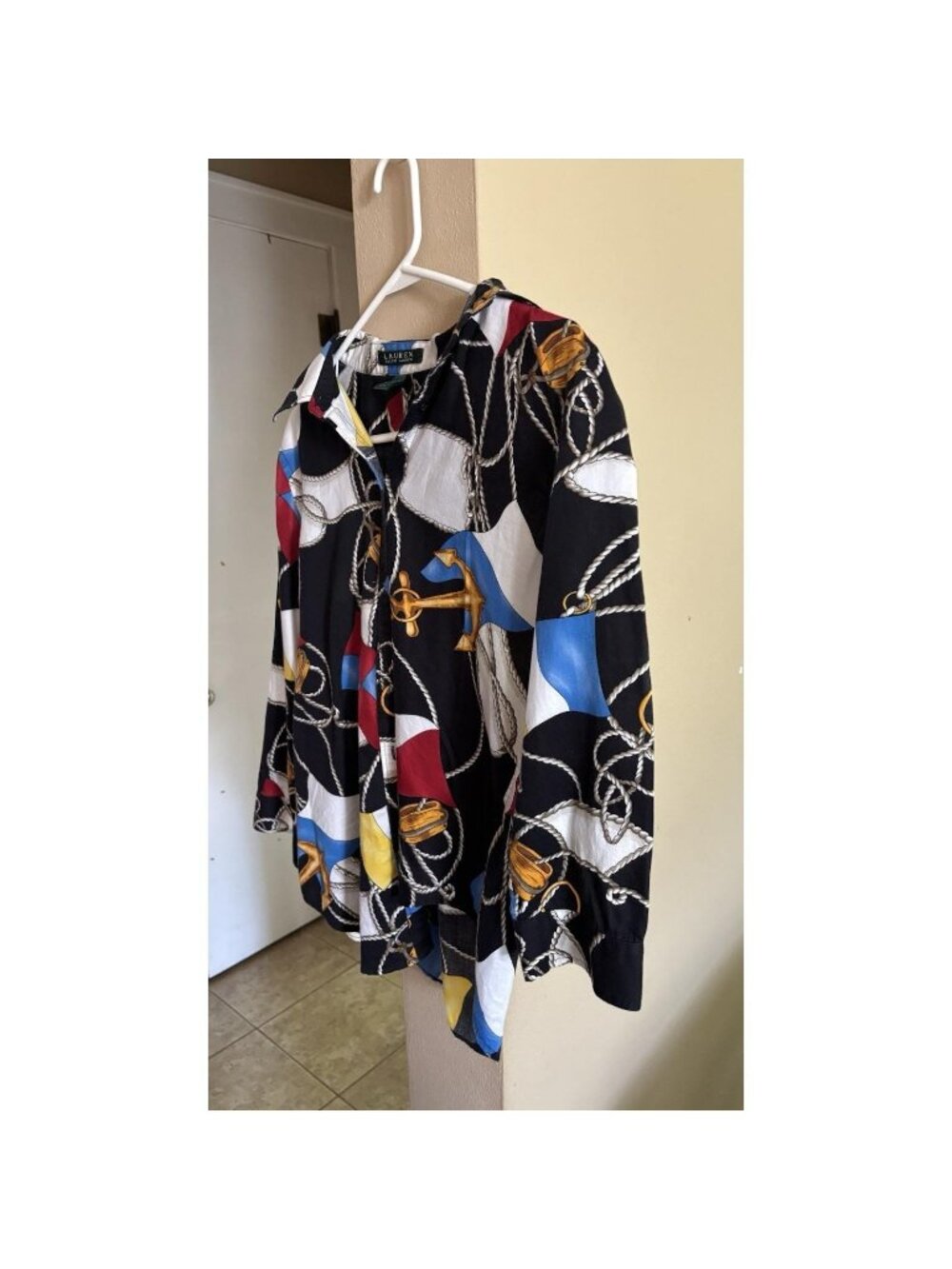 Lauren Ralph  Sail Boat Nautical Woman's 3/4 Sleeve Blouse Shirt M 80s Retro Top